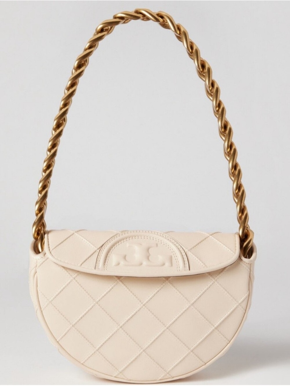 Tory Burch Mini Fleming Crescent Off-White Quilted Leather Bag with Gold Chain